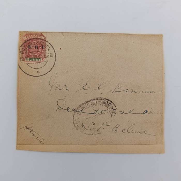 Pair of Boer War POW fronts stuck back to back - One side to F Barkley, POW Deadwood Camp St Helena