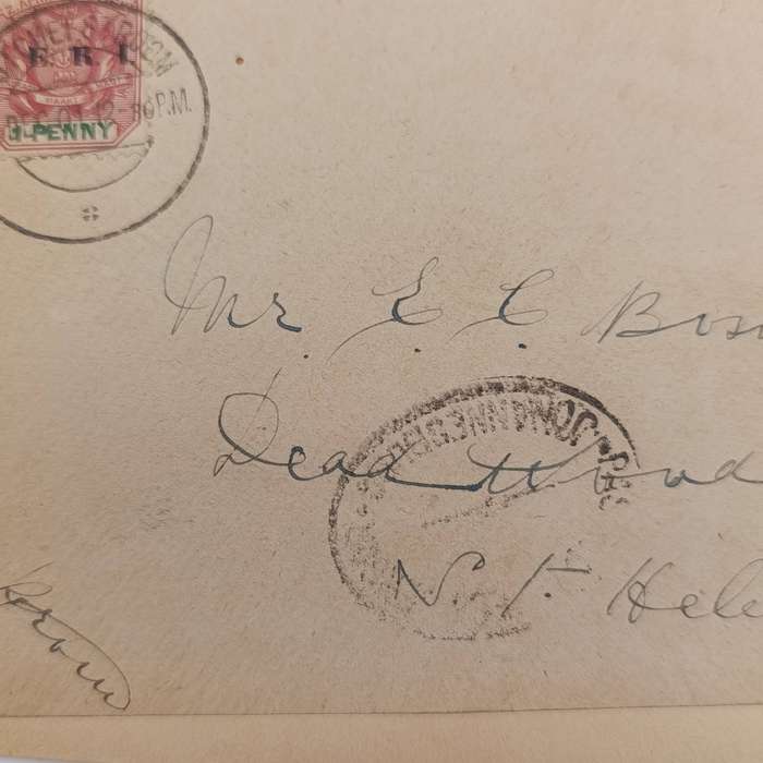 Pair of Boer War POW fronts stuck back to back - One side to F Barkley, POW Deadwood Camp St Helena