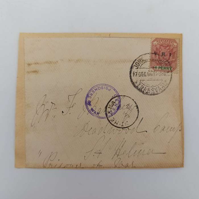 Pair of Boer War POW fronts stuck back to back - One side to F Barkley, POW Deadwood Camp St Helena