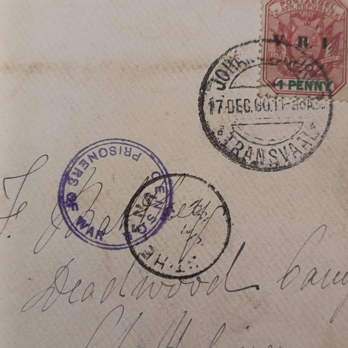Pair of Boer War POW fronts stuck back to back - One side to F Barkley, POW Deadwood Camp St Helena