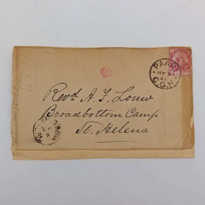 Pair of Boer War POW fronts stuck back to back - one side to Rev. AF Louw, Broadbottom Camp