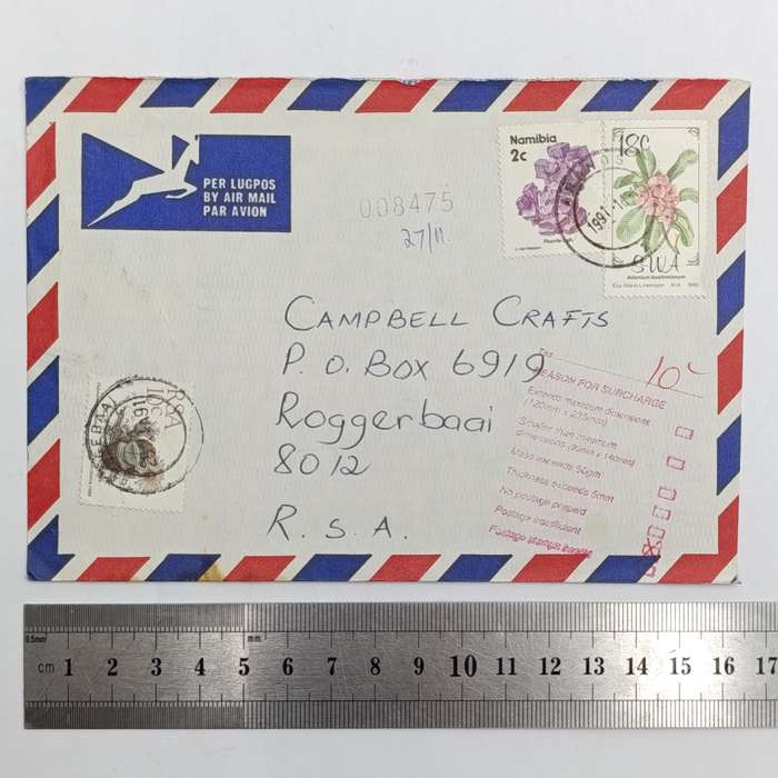 Postal History Namibia 15 November 1991 numbered Airmail cover ARANOS Namibia to Roggebaai