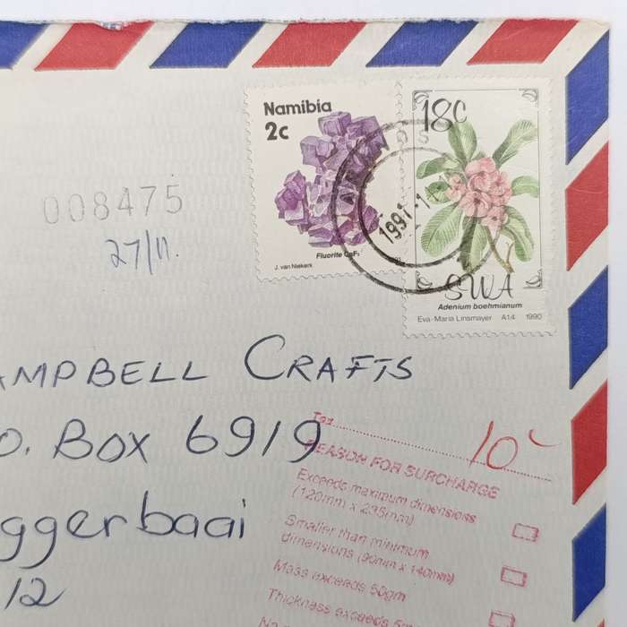 Postal History Namibia 15 November 1991 numbered Airmail cover ARANOS Namibia to Roggebaai