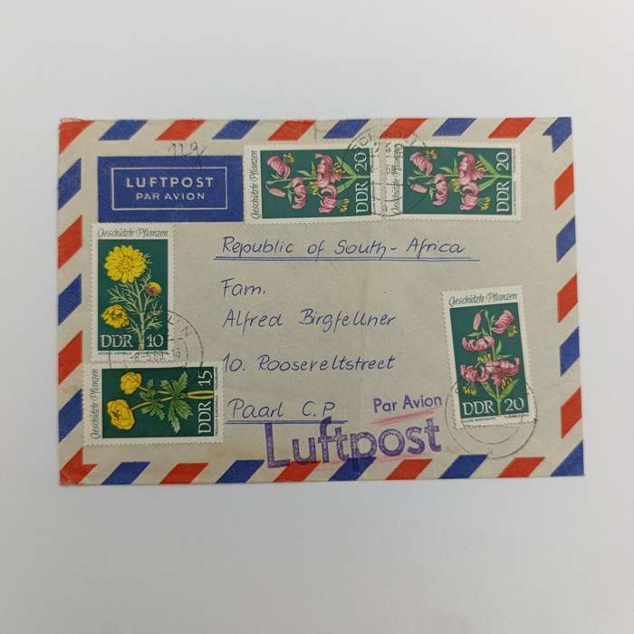 Airmail Cover from DDR (Germany) to Paarl, South Africa with pre printed airmail tag