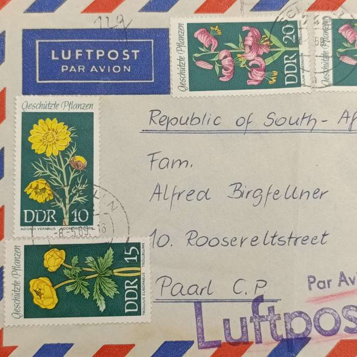 Airmail Cover from DDR (Germany) to Paarl, South Africa with pre printed airmail tag