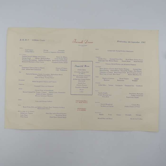 Union-Castle RMMV Athlone Castle Farewell dinner menu Wednesday 6 September 1961