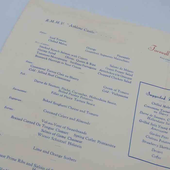 Union-Castle RMMV Athlone Castle Farewell dinner menu Wednesday 6 September 1961