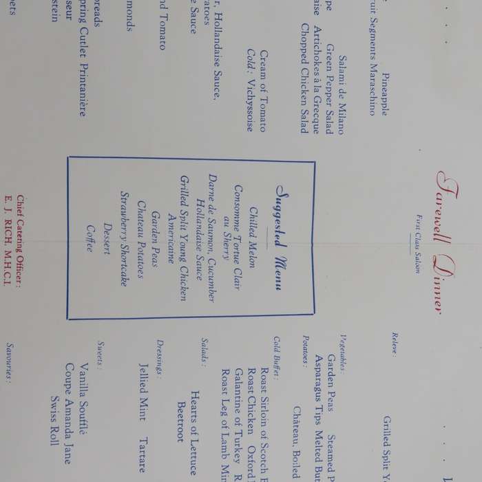 Union-Castle RMMV Athlone Castle Farewell dinner menu Wednesday 6 September 1961