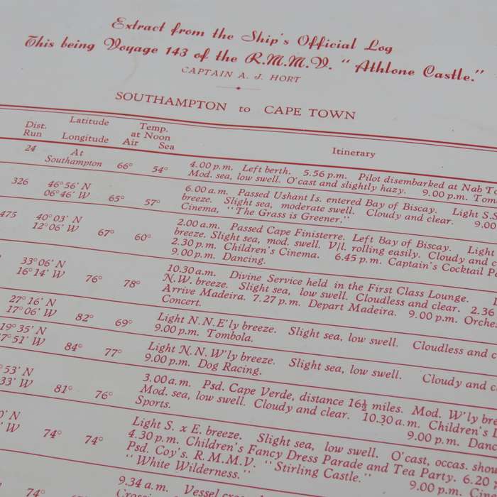 Union-Castle RMMV Athlone Castle Farewell dinner menu Wednesday 6 September 1961