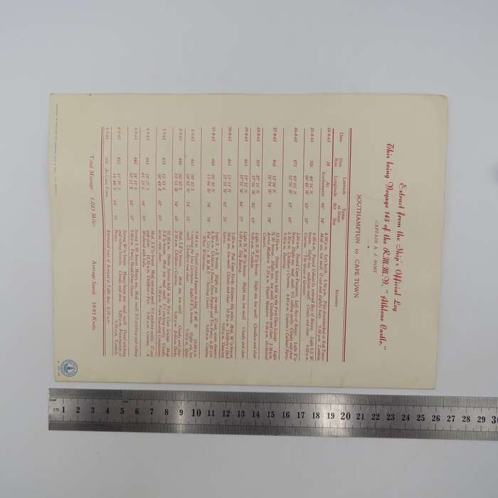 Union-Castle RMMV Athlone Castle Farewell dinner menu Wednesday 6 September 1961