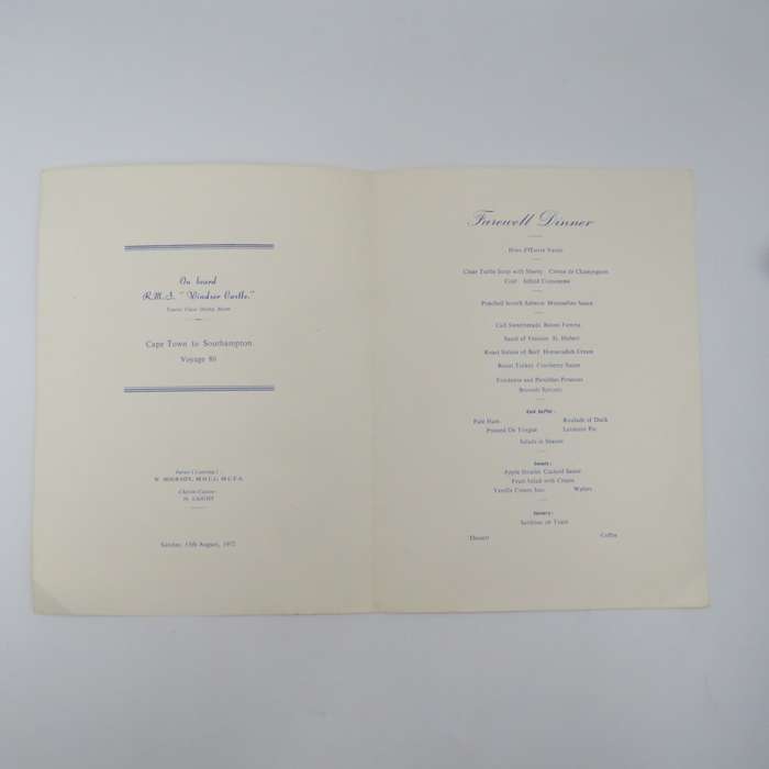 Union-Castle RMS Windsor Castle Farewell dinner menu - 13 Augustus 1972