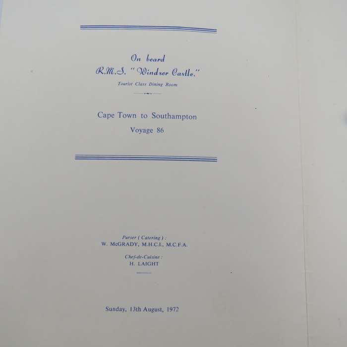 Union-Castle RMS Windsor Castle Farewell dinner menu - 13 Augustus 1972