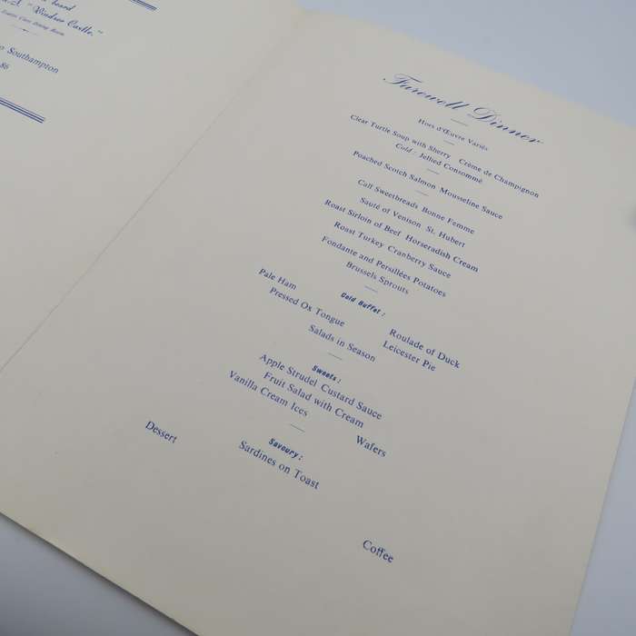 Union-Castle RMS Windsor Castle Farewell dinner menu - 13 Augustus 1972