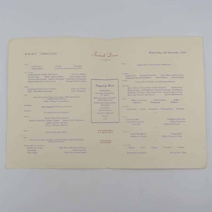 Union-Castle RMMV Athlone Castle Farewell dinner menu - 6  September 1961