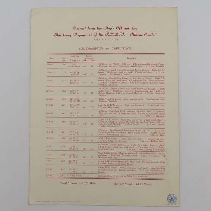 Union-Castle RMMV Athlone Castle Farewell dinner menu - 6  September 1961