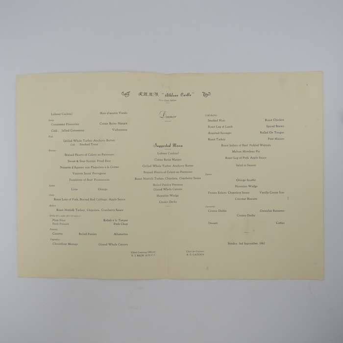 Union-Castle RMMV Athlone castle dinner menu - Sunday, 3 September 1961