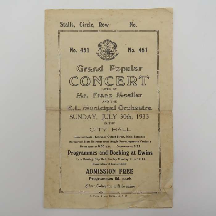 1933 Program for Concert by Franz Moeller & the East London Municipal Orchestra