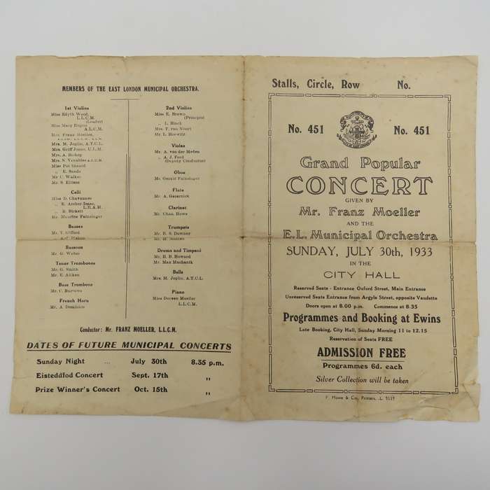 1933 Program for Concert by Franz Moeller & the East London Municipal Orchestra