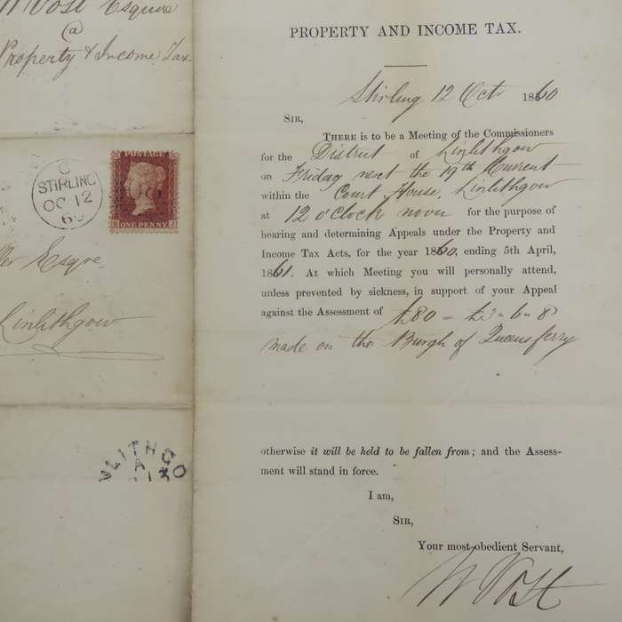 1860 Property Tax appeal notice posted STIRLING to LINLITHGROW, SCOTLAND with penny red stamp