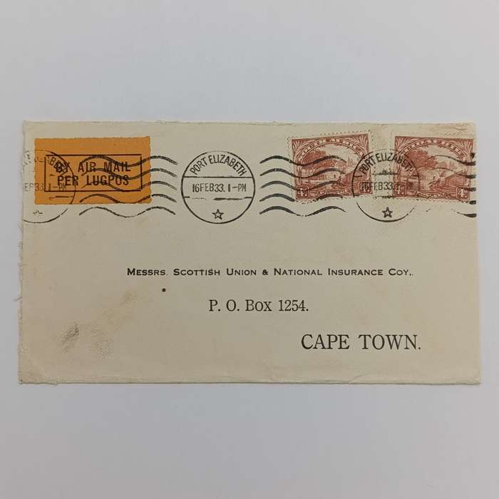 Air Mail cover from Port Elizabeth to Cape Town 16 February 1933 with Port Elizabeth roller