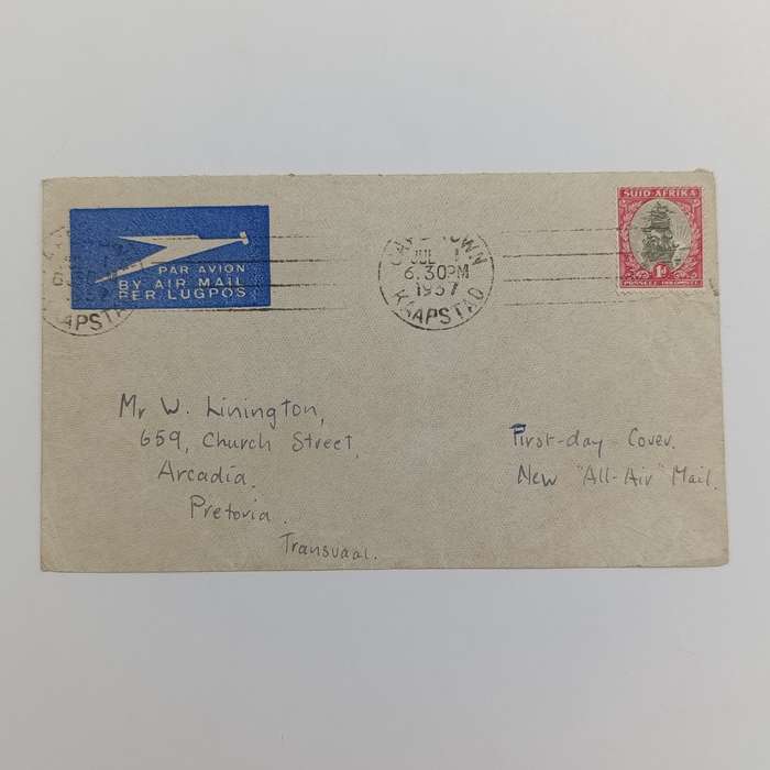 Air Mail cover from Cape Town to Pretoria 1 July 1937 - All-Air-Mail - with SACC 56 and Cape Town
