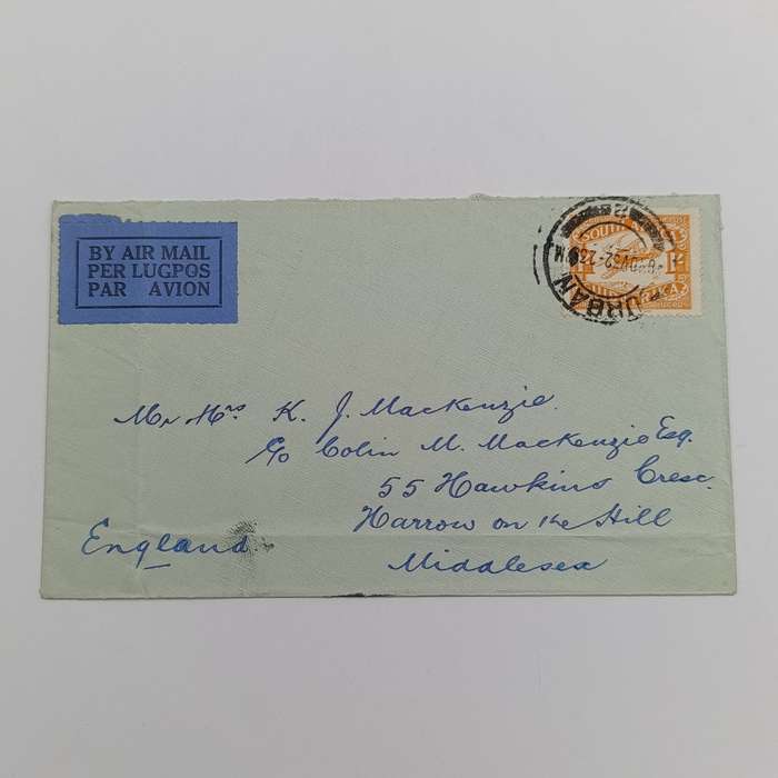 South African Air mail cover from Durban South Africa to Middlesex England 8 November 1932