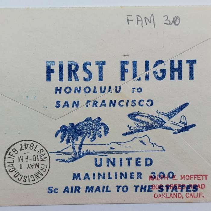First Flight Cover Honolulu Hawaii to San Francisco California USA 1 May 1947 with 5c USA stamp
