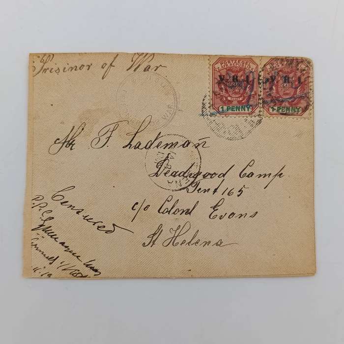 Pair of Boer War POW Covers stuck back - one side to 3 Lawson, POW, Deadwood Camp, St Helena