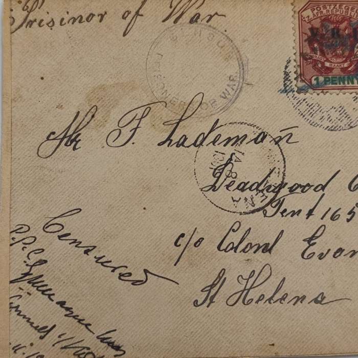 Pair of Boer War POW Covers stuck back - one side to 3 Lawson, POW, Deadwood Camp, St Helena