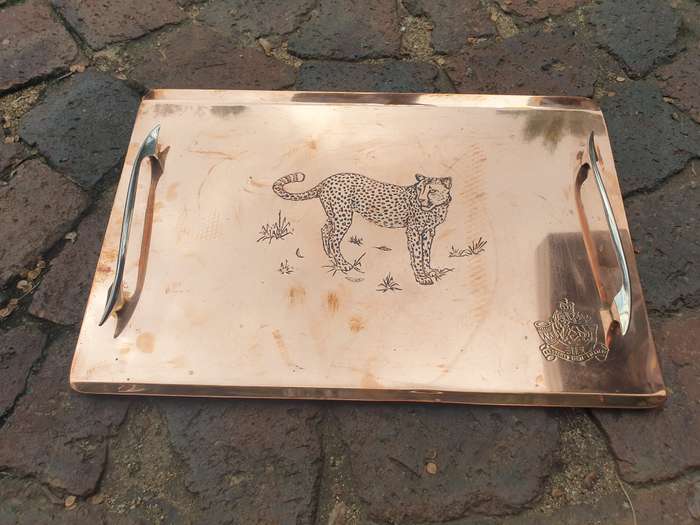original bushwar period pre-UDI Rhod Light Infantry copper tea-tray with mascot Cheetah - great cond