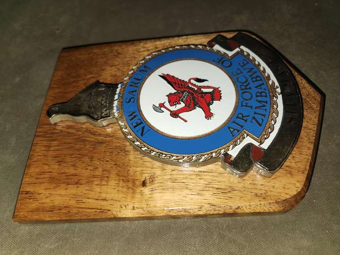 hard to find post Independence Zimbabwe Air Force plaque on African Hardwood wooden backing glue loo