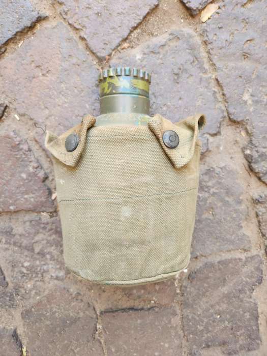 original Rhodesia bushwar era used patt 69 canteen carrier & SADF style patt 61/64 canteen (camo'ed)
