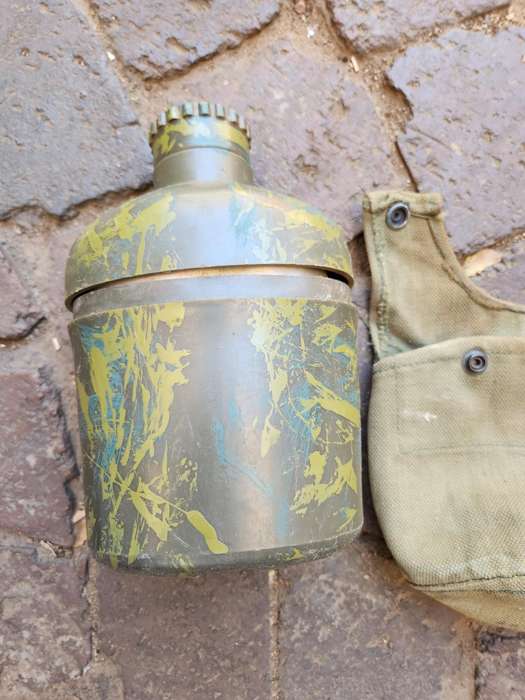 original Rhodesia bushwar era used patt 69 canteen carrier & SADF style patt 61/64 canteen (camo'ed)