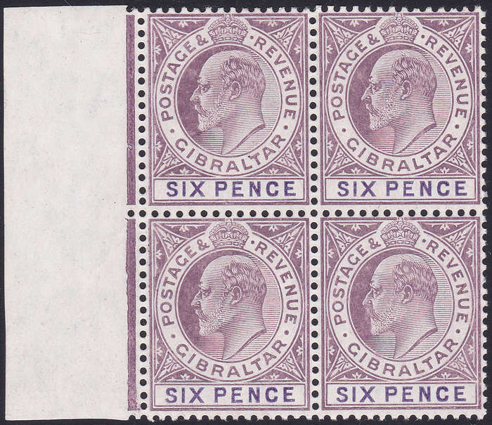 GIBRALTAR 1886 SG60 6d PURPLE MARGINAL BLOCK OF FOUR **UNMOUNTED MINT** CV £200(2017)