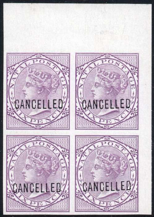 NATAL SACC74 6d LILAC IMPERF MARGINAL  BO4 OVERPRINTED ''CANCELLED''