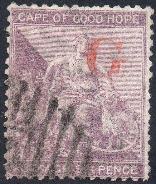 Griqualand West 1st PRINTING SG8g 6d Deep Lilac - VFU with o/p TYPE 8 in red CV £900+(2017)