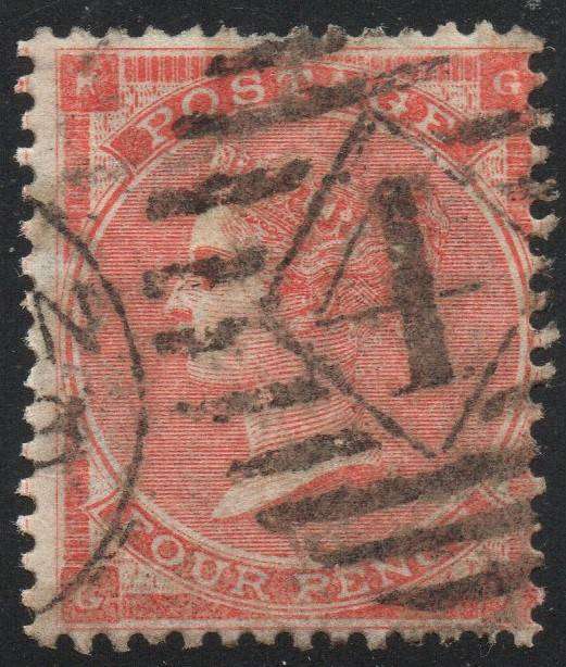 GREAT BRITAIN : 1862 SG79 4d BRIGHT RED - VFU - CV £170(2017)