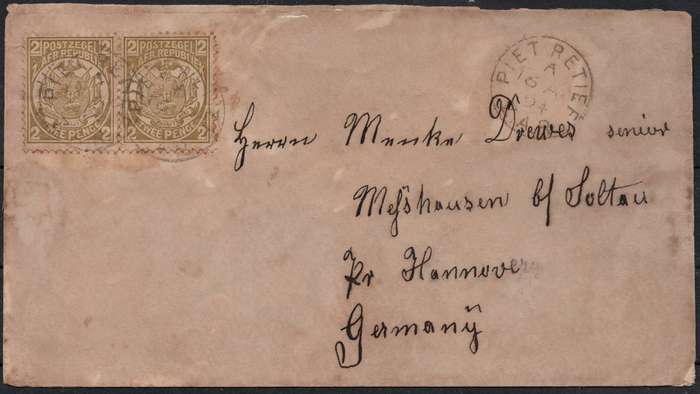 TRANSVAAL (ZAR) SEPTEMBER 1894 COVER PIET RETIEF TO HANNOVER, GERMANY TIED WITH 2d PAIR-SEE SCANS