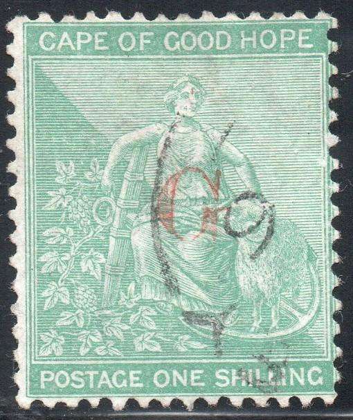 GRIQUALAND WEST 1st PRINTING 1877-8 SACC9b 1/- GREEN, O/P TYPE b - VFU