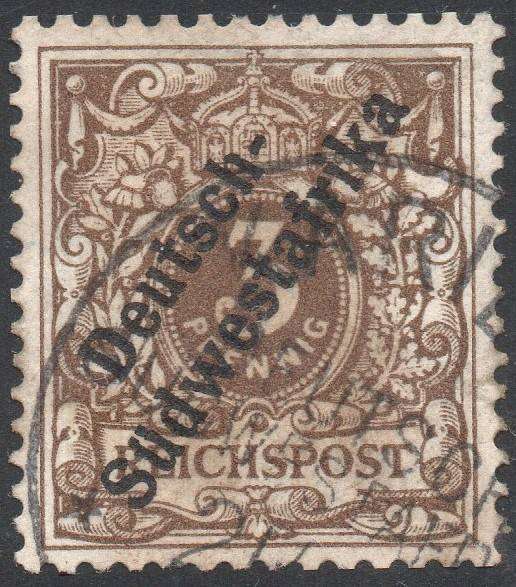 GERMAN SWA 1898 SACC7 3Pfg DARK OCHRE BROWN - VFU - CV R400