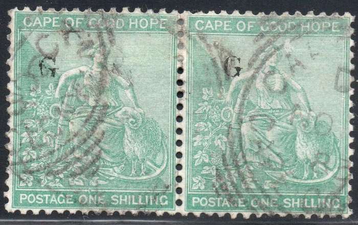 Griqualand West SG28 1/- GREEN PAIR - VFU with o/p type 17 - SCARCE