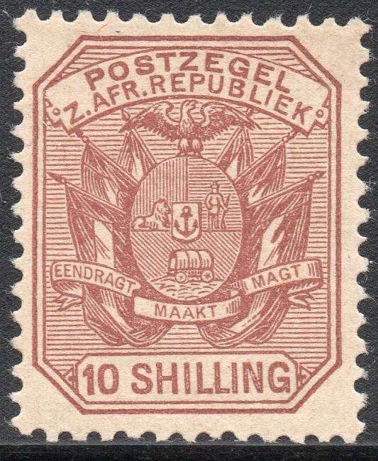 TRANSVAAL 1896 SACC218 10/- PALE CHESTNUT MM CV R700