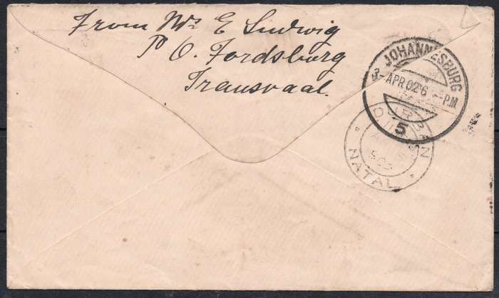 TRANSVAAL(ZAR) APR 1902 COVER BEREA, FORDSBURG TO DUNDEE, NATAL, TIED WITH ½d ROSE & GREEN-SEE SCANS