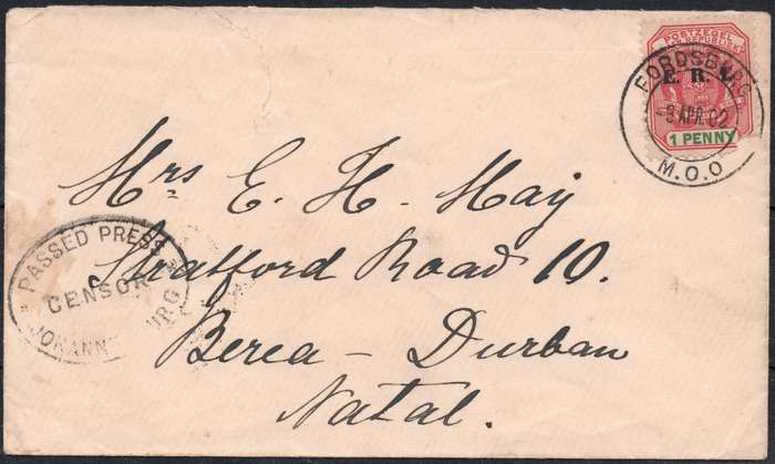 TRANSVAAL(ZAR) APR 1902 COVER BEREA, FORDSBURG TO DUNDEE, NATAL, TIED WITH ½d ROSE & GREEN-SEE SCANS
