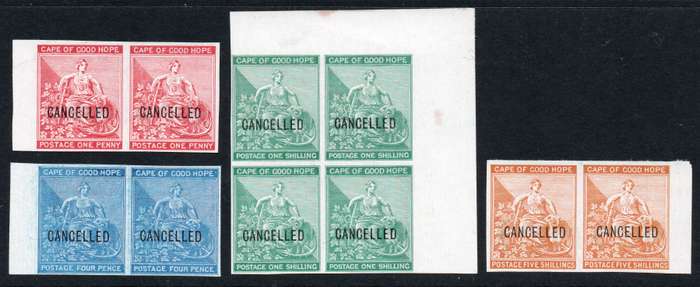 CAPE OF GOOD HOPE c1872 MARGINAL RECTANGULAR IMPERF PAIRS/BO4 OVERPRINTED ''CANCELLED'' - SEE SCANS