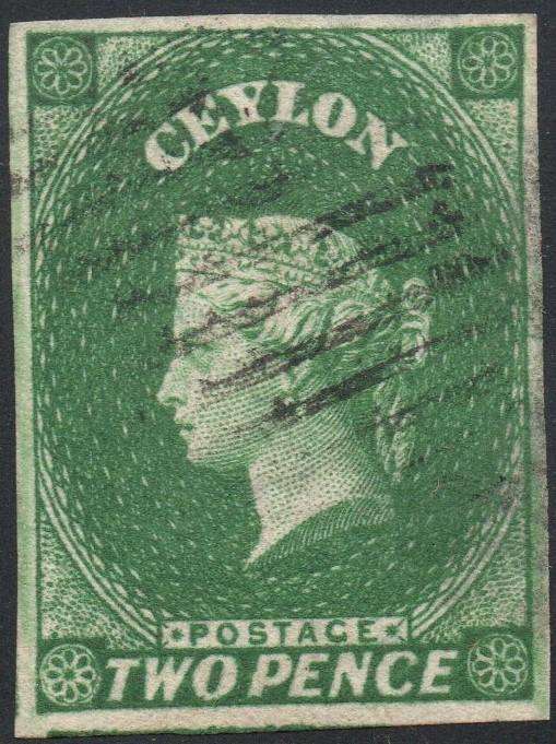 CEYLON - 1857 SG3a 2d YELLOWISH-GREEN - VFU - CV £65(2017)