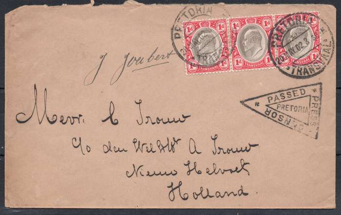TRANSVAAL (ZAR) - 1902 - COVER WITH 1d STRIP OF 3 -USED - CENSOR CACHET, PTA TO HOLLAND-SEE SCANS