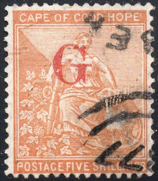 GRIQUALAND WEST 1877-8 SG10a  5/- YELLOW-ORANGE, O/P TYPE 1a IN RED - VFU - CV £55+(2017)