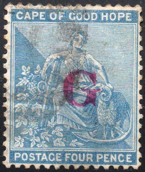GRIQUALAND WEST 1877-8 SG7c 4d DULL BLUE, O/P TYPE 3 IN RED - VFU - CV £70+(2017)