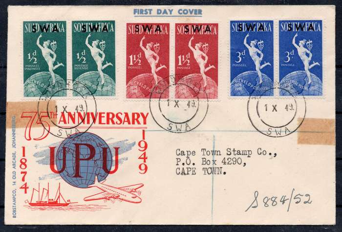 SWA 1949 - ILLUSTRATED UPU FDC - VERY FINE - SEE SCANS